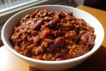 Close-up of a white bowl filled with rich, meaty chili featuring kidney beans, showcasing the best chili recipe.