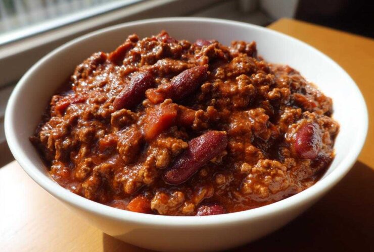 Close-up of a white bowl filled with rich, meaty chili featuring kidney beans, showcasing the best chili recipe.