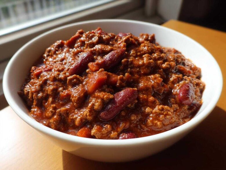 Close-up of a white bowl filled with rich, meaty chili featuring kidney beans, showcasing the best chili recipe.