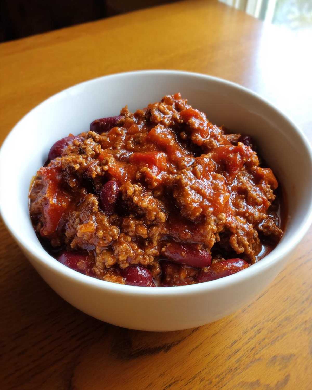 Close-up of a white bowl filled with the best chili recipe, featuring ground meat and kidney beans in a rich red sauce.