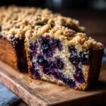 Close-up of a slice of blueberry banana bread showing moist interior packed with blueberries and a crunchy crumb topping.