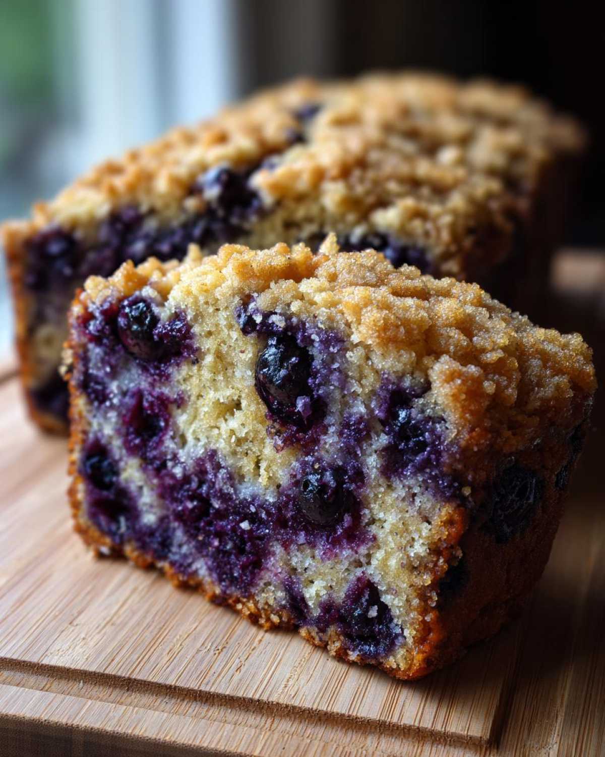 Close-up of a moist slice of blueberry banana bread showing abundant blueberries and a sugary crumb topping.