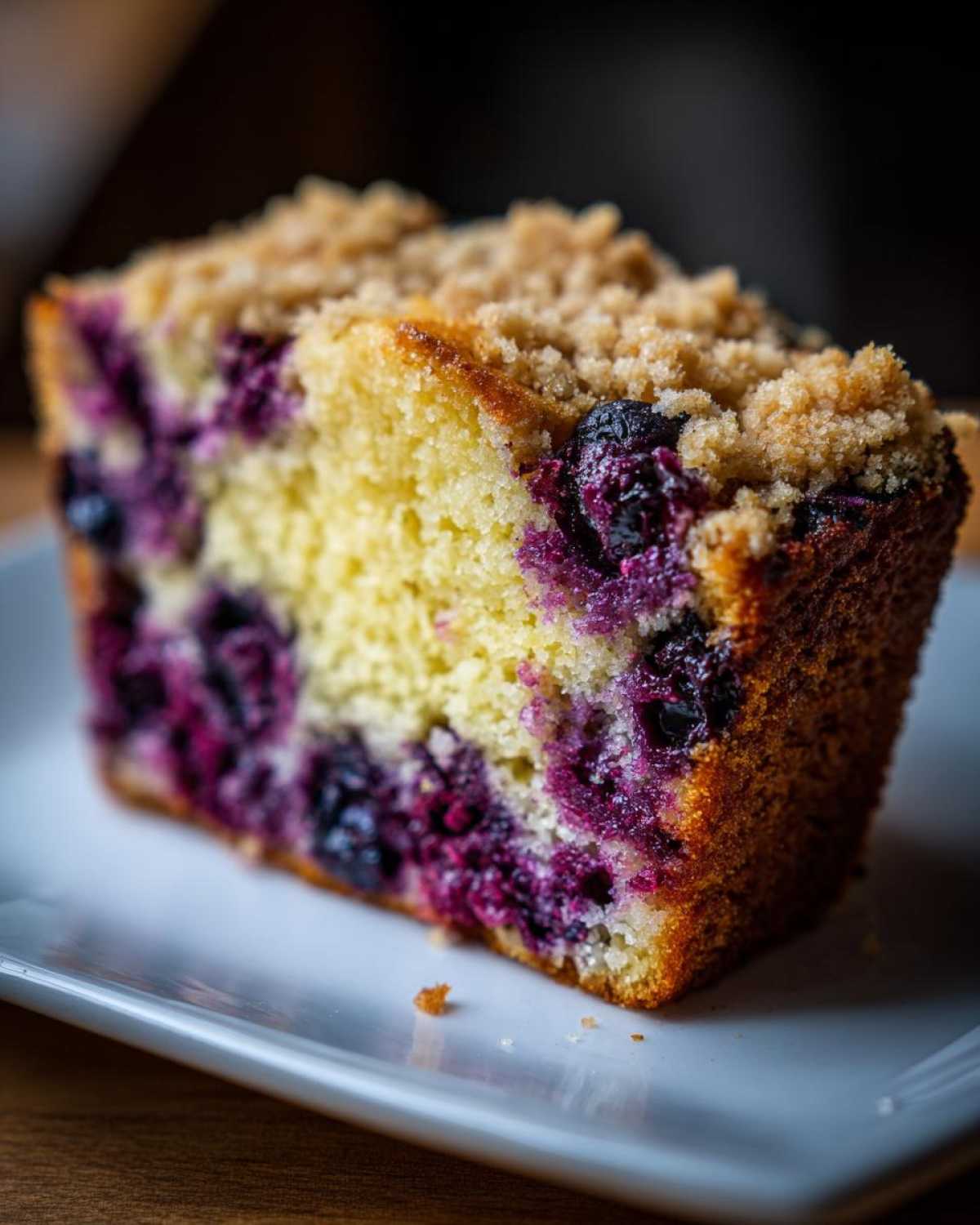 Close-up of a moist slice of blueberry banana bread featuring visible blueberries and a crumbly streusel topping.