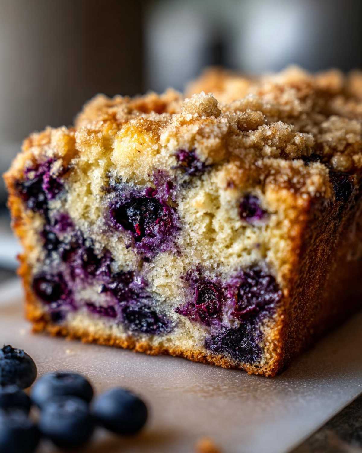 A moist slice of blueberry banana bread featuring vibrant purple blueberries and a crunchy sugar streusel topping.