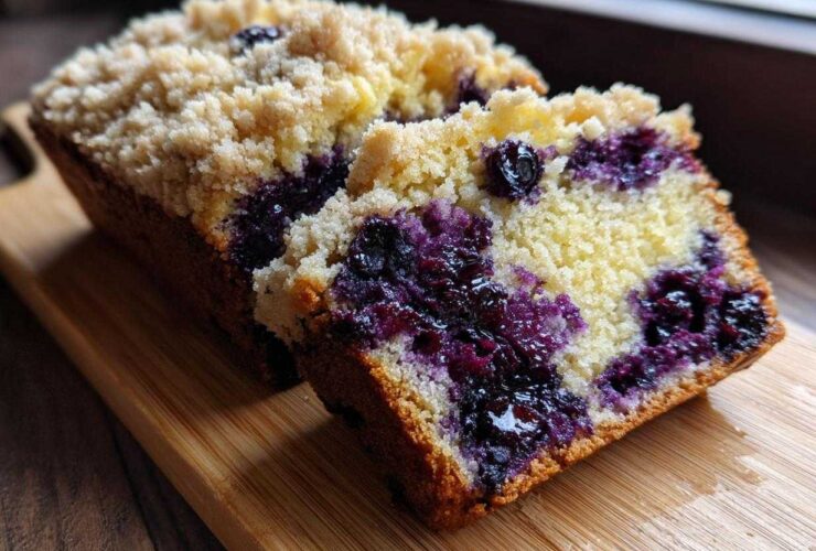 A close-up of sliced blueberry banana bread featuring moist cake, bursting blueberries, and a crumbly streusel topping.