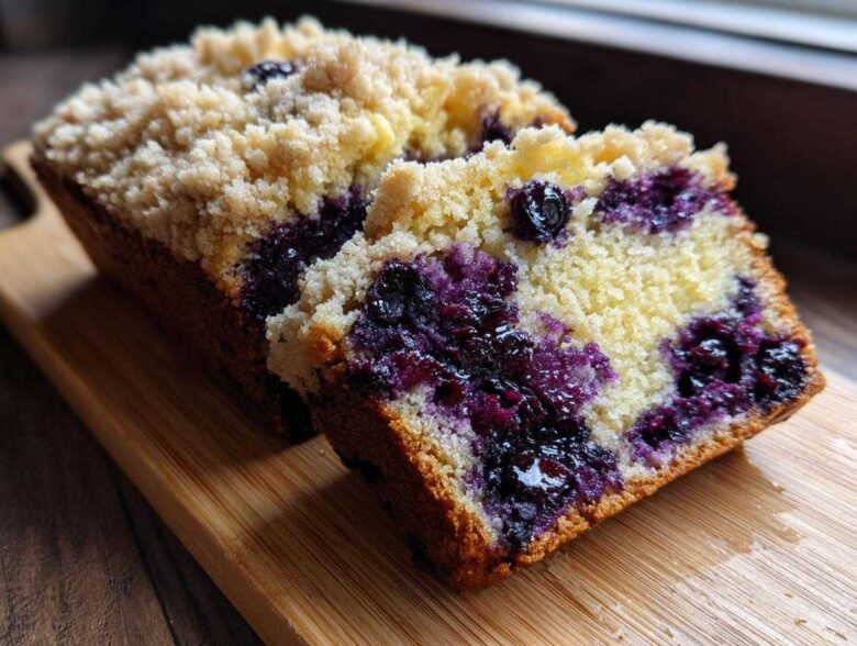 A close-up of sliced blueberry banana bread featuring moist cake, bursting blueberries, and a crumbly streusel topping.