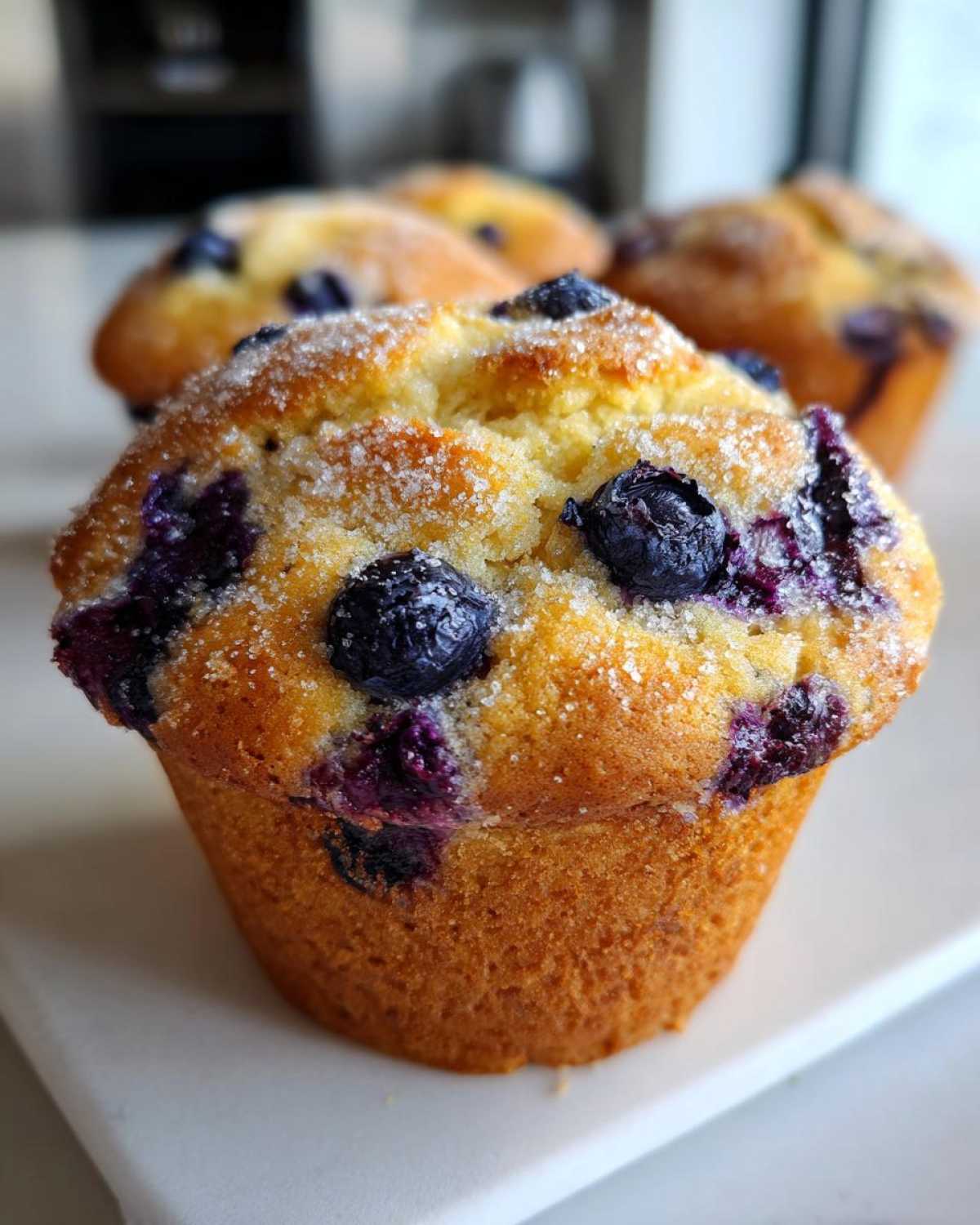 A close-up of a golden-brown blueberry protein muffins topped with coarse sugar crystals.