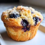 Close-up of a golden baked blueberry protein muffins topped with coarse sugar crystals.