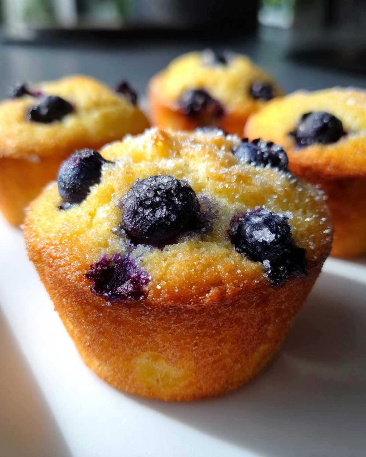 Close-up of a golden blueberry protein muffin topped with coarse sugar crystals.