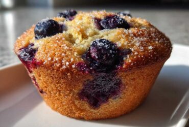 Close-up of a golden baked blueberry protein muffins topped with coarse sugar crystals.