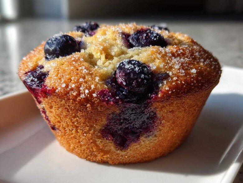 Close-up of a golden baked blueberry protein muffins topped with coarse sugar crystals.