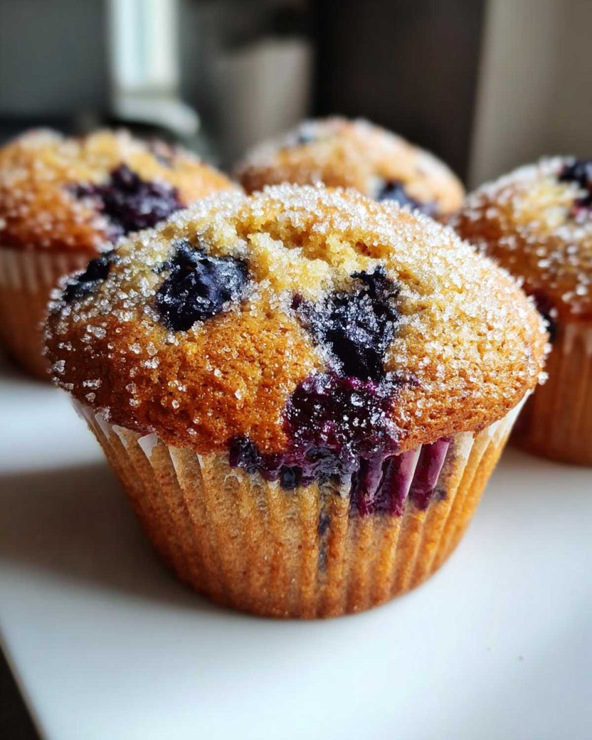 A close-up of a freshly baked blueberry protein muffin topped with coarse sugar crystals.
