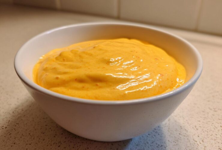 Close-up of a white bowl filled with creamy, bright orange nacho cheese sauce.