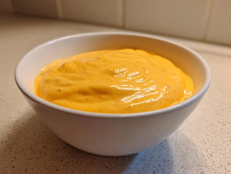 Close-up of a white bowl filled with creamy, bright orange nacho cheese sauce.