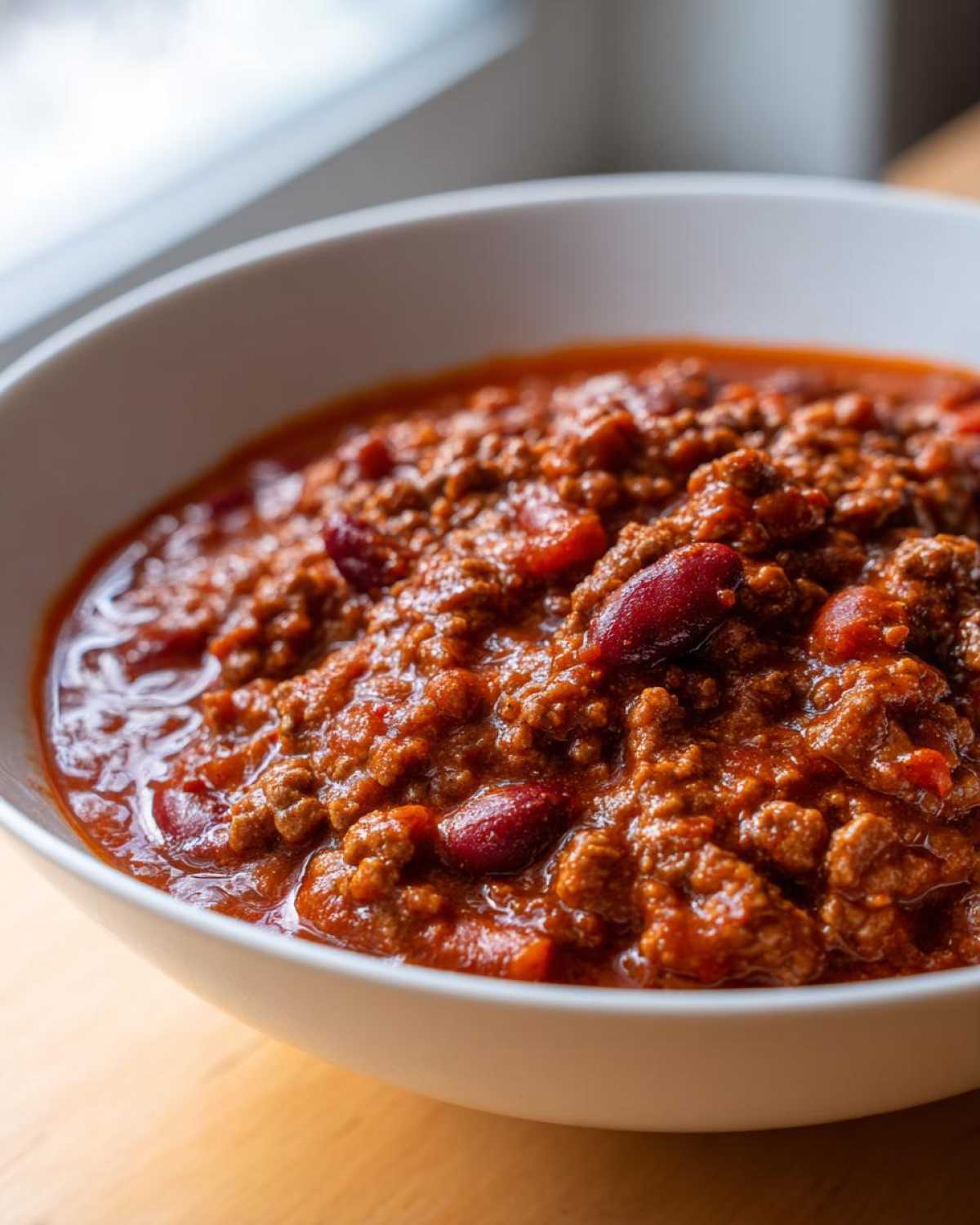 Close-up of a rich, thick bowl of chili with ground meat and kidney beans, showcasing the best chili recipe.