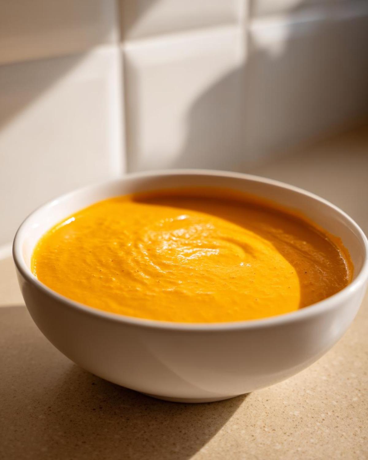 Close-up of a white bowl filled with vibrant, smooth homemade nacho cheese sauce.