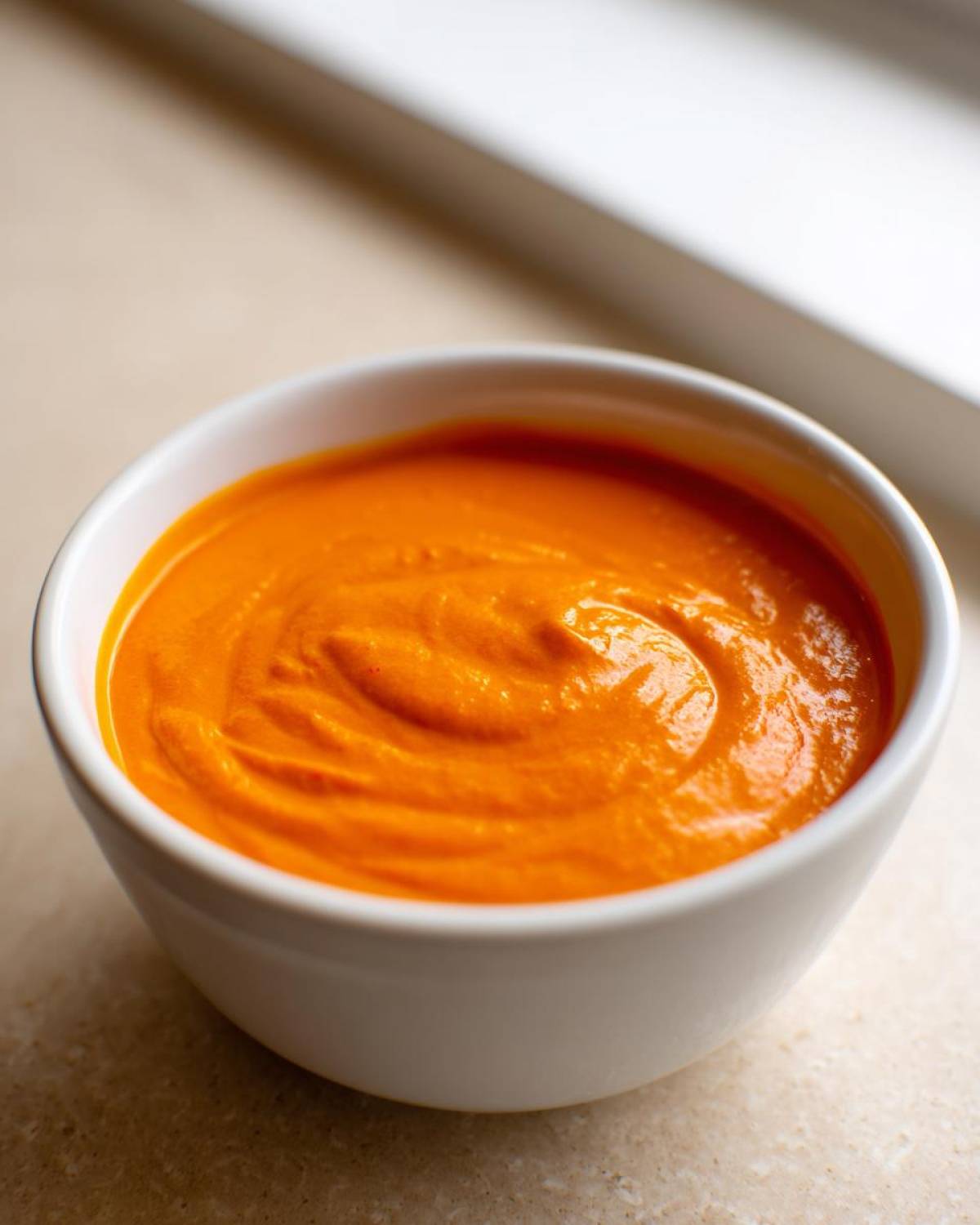 Close-up of a small white bowl filled with vibrant, smooth nacho cheese sauce.