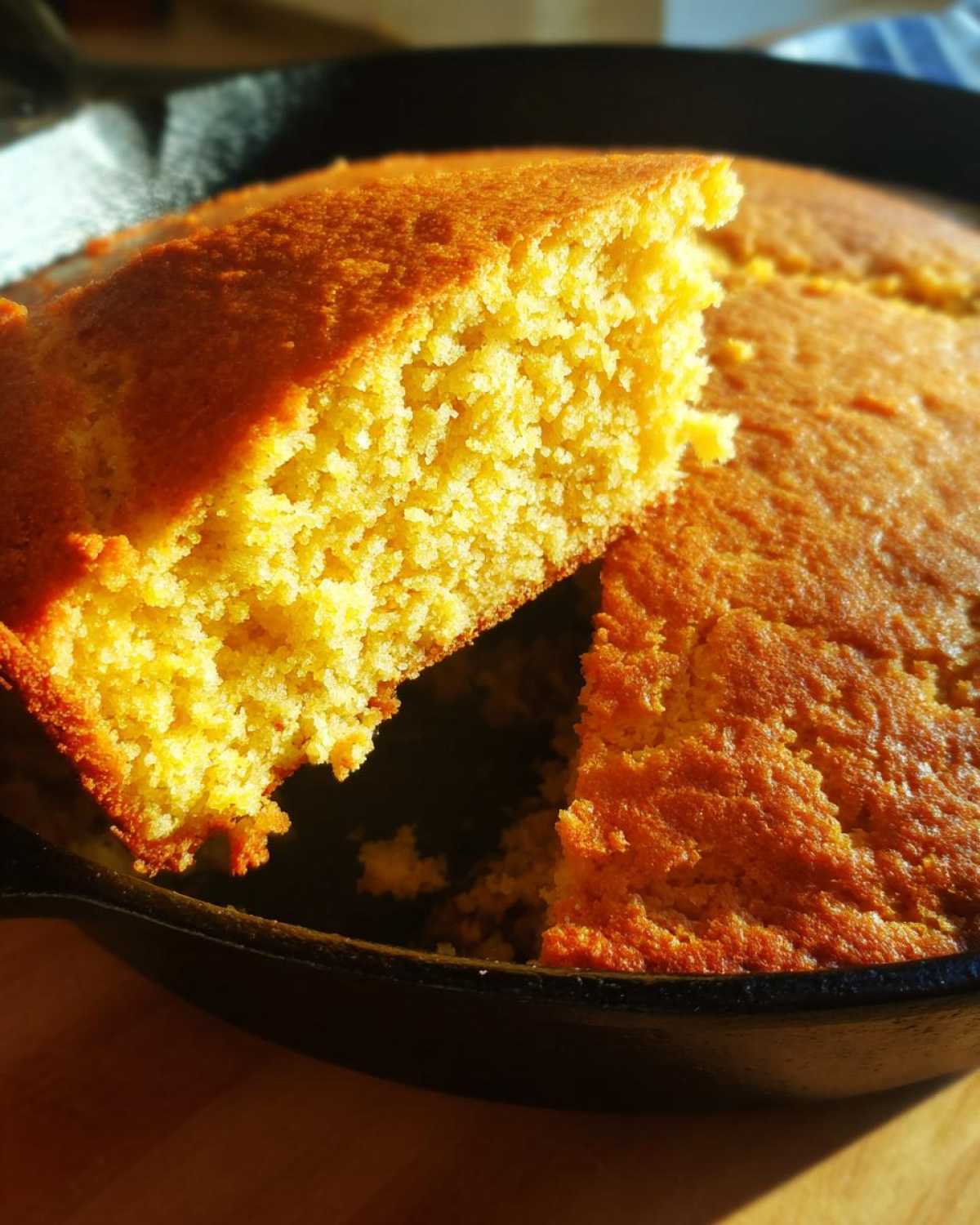 A close-up of a golden, moist slice of buttermilk cornbread lifted from the rest of the cake in a black cast iron skillet.