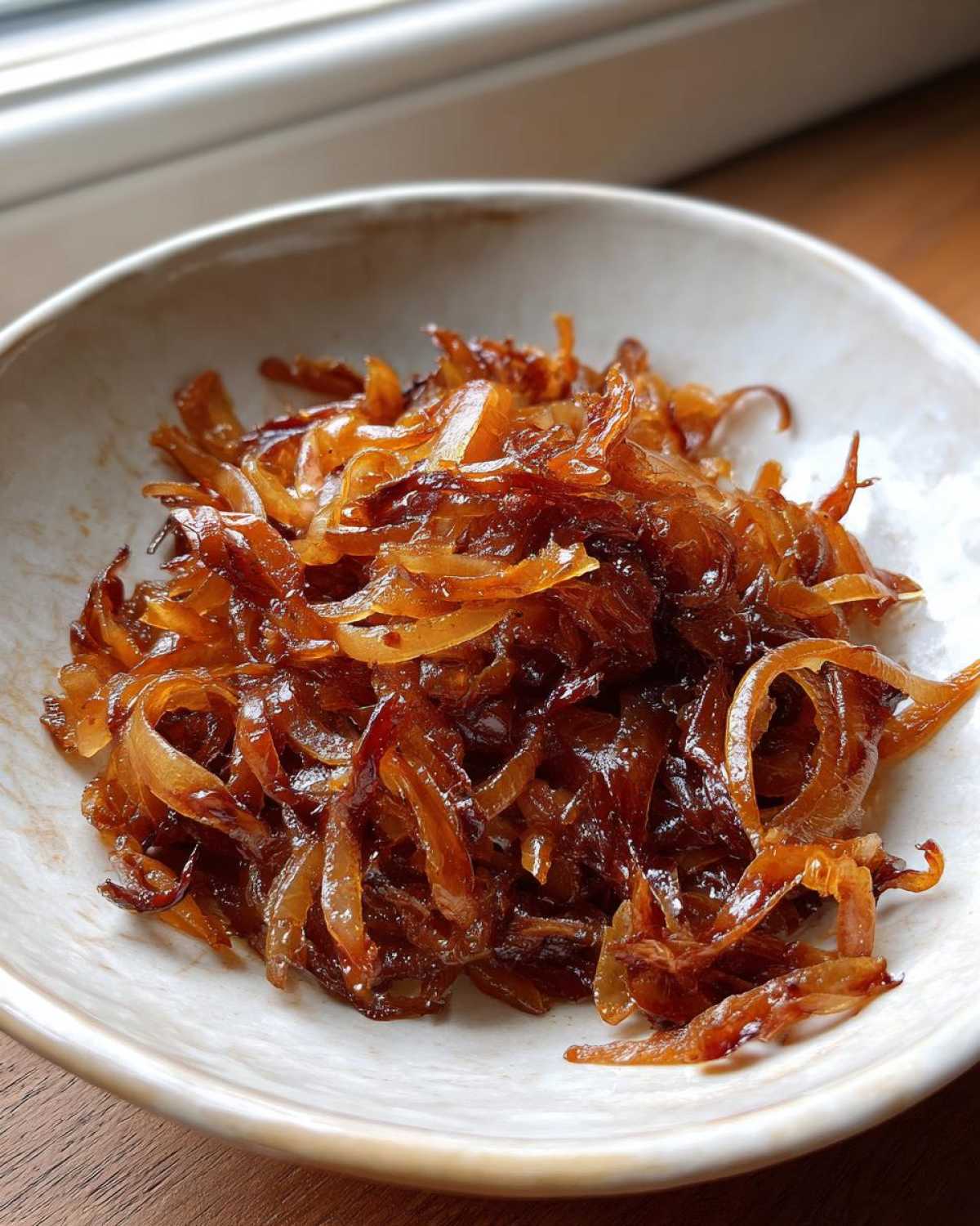 Close-up of rich, dark brown caramelized onions served in a small, light-colored bowl.