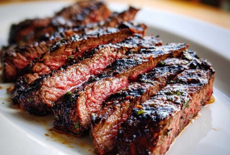 Close-up of medium-rare, grilled steak slices coated in a rich carne asada marinade, resting on a white plate.