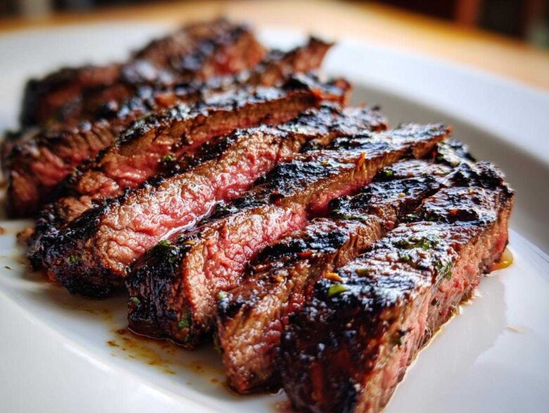 Close-up of medium-rare, grilled steak slices coated in a rich carne asada marinade, resting on a white plate.