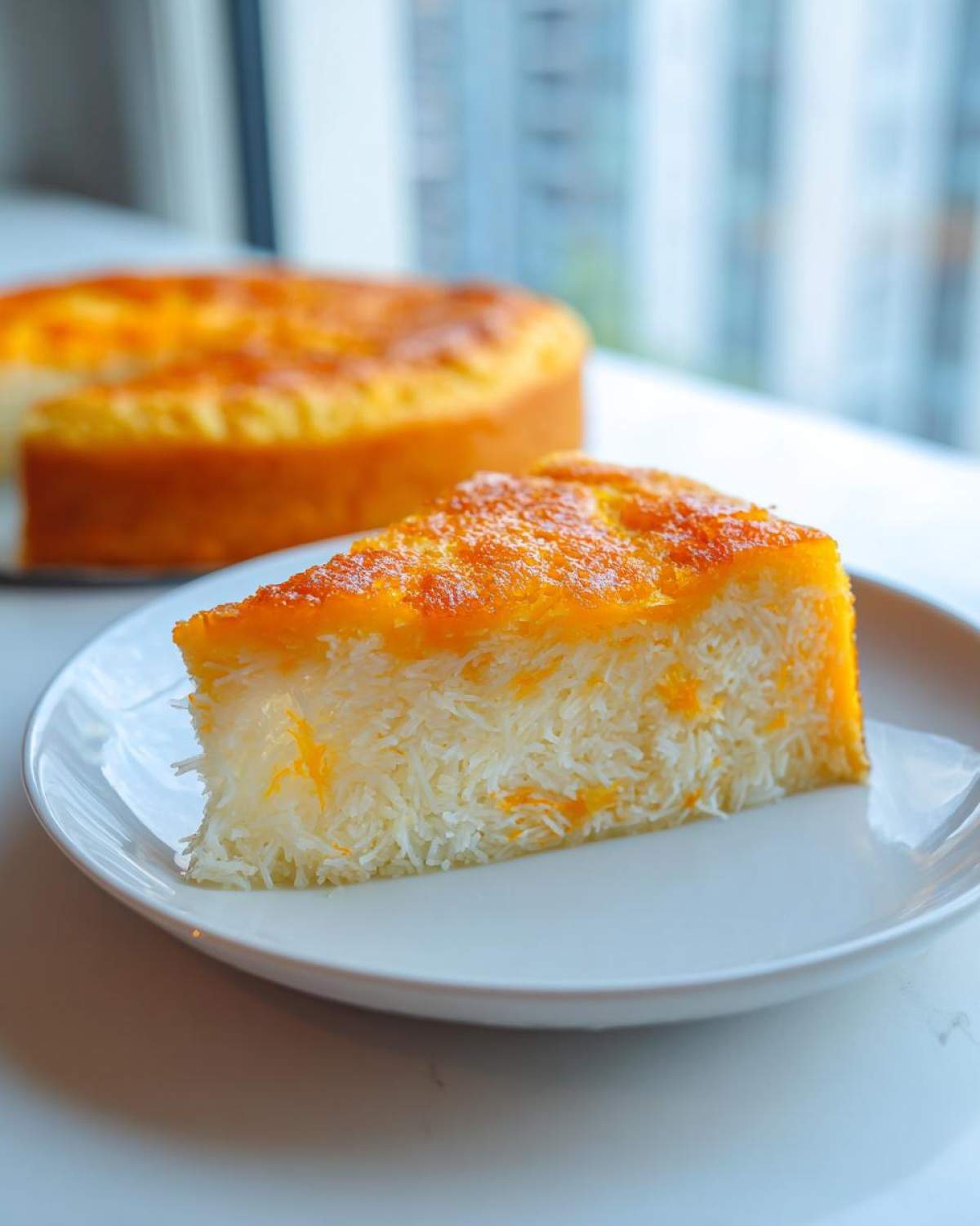 A slice of moist cassava cake with a distinct white, shredded texture and a bright golden-orange top crust.