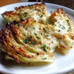 Two wedges of baked cabbage recipe topped with melted cheese and fresh parsley on a white plate.