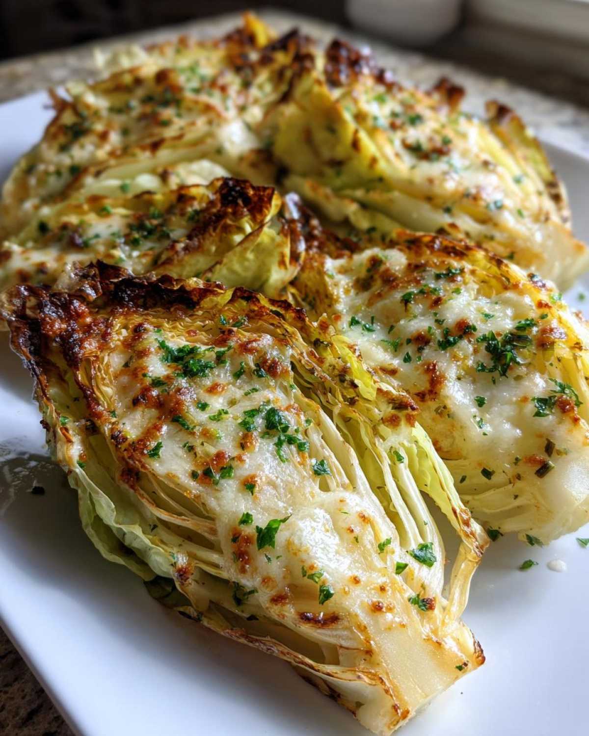 Close-up of baked cabbage wedges topped with melted, browned cheese and fresh parsley, a delicious cabbage recipe.