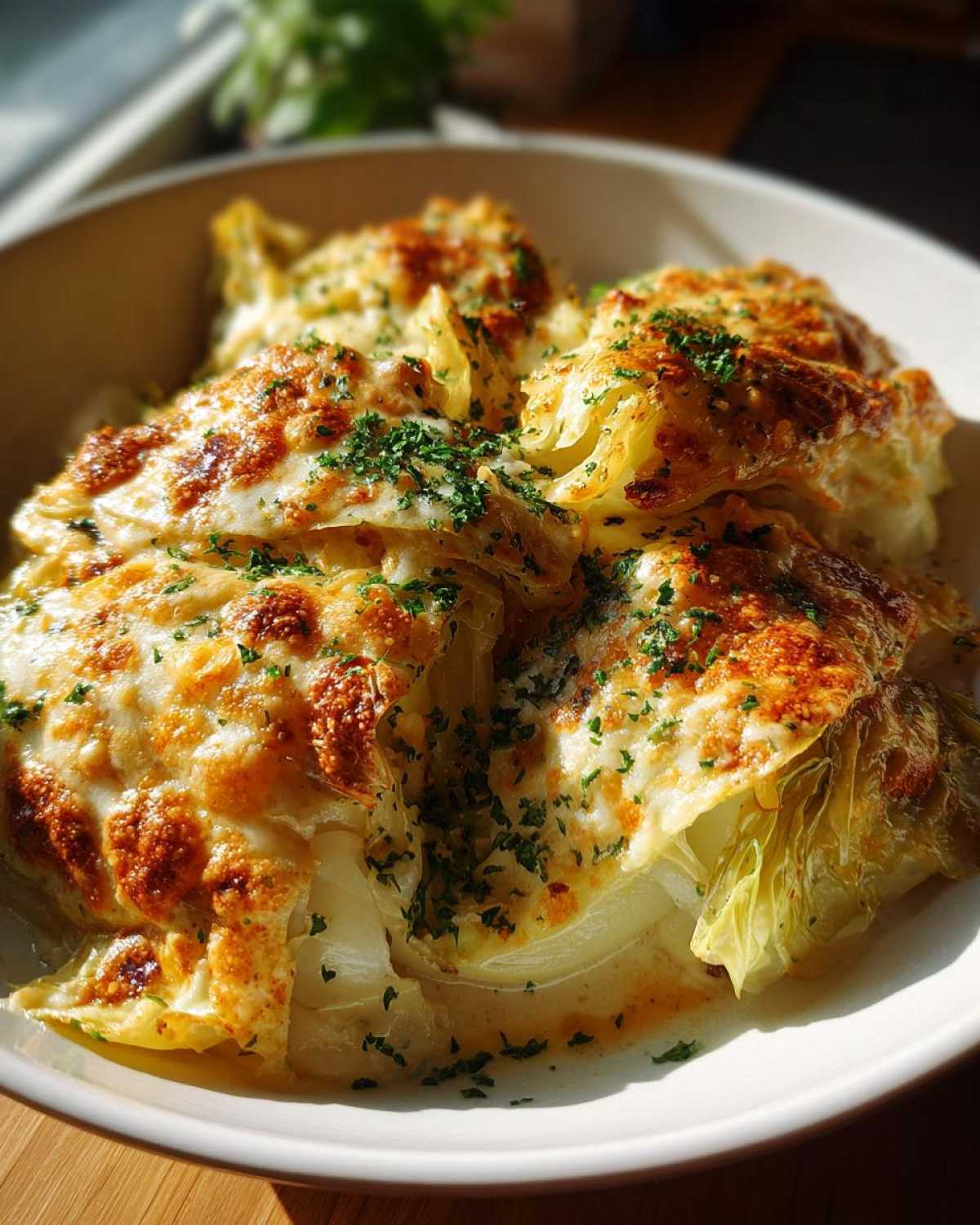 Close-up of cheesy baked cabbage wedges topped with melted, browned cheese and fresh parsley, a perfect cabbage recipe.