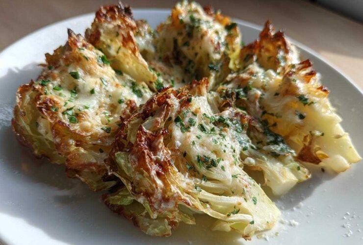 Four wedges of baked cabbage recipe topped with melted cheese and fresh parsley on a white plate.