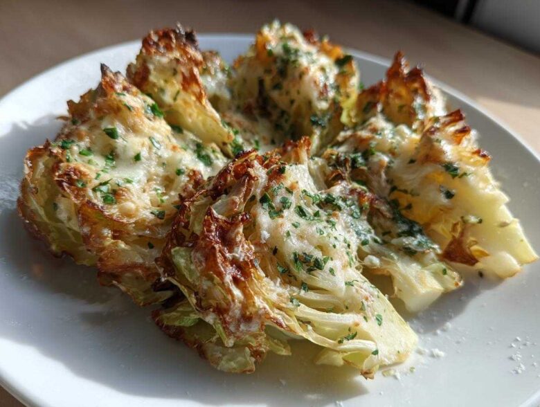 Four wedges of baked cabbage recipe topped with melted cheese and fresh parsley on a white plate.