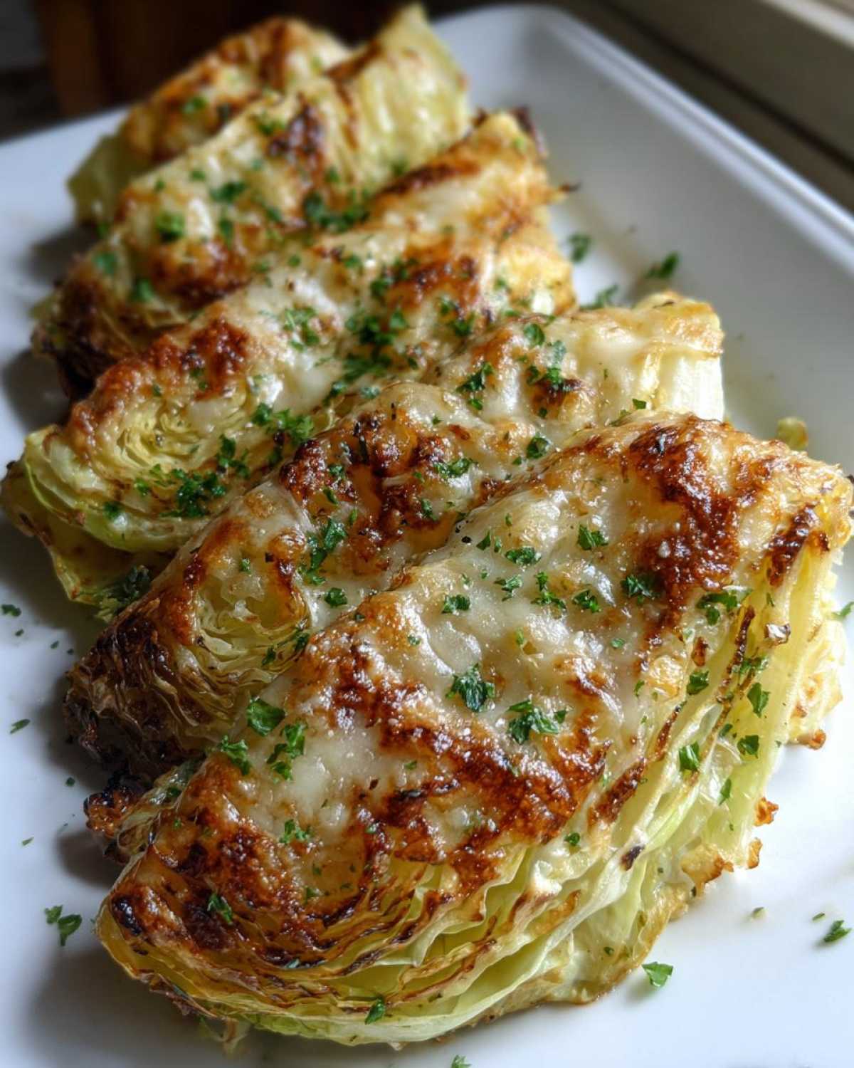 Four wedges of baked cabbage recipe topped with melted, browned cheese and fresh parsley.