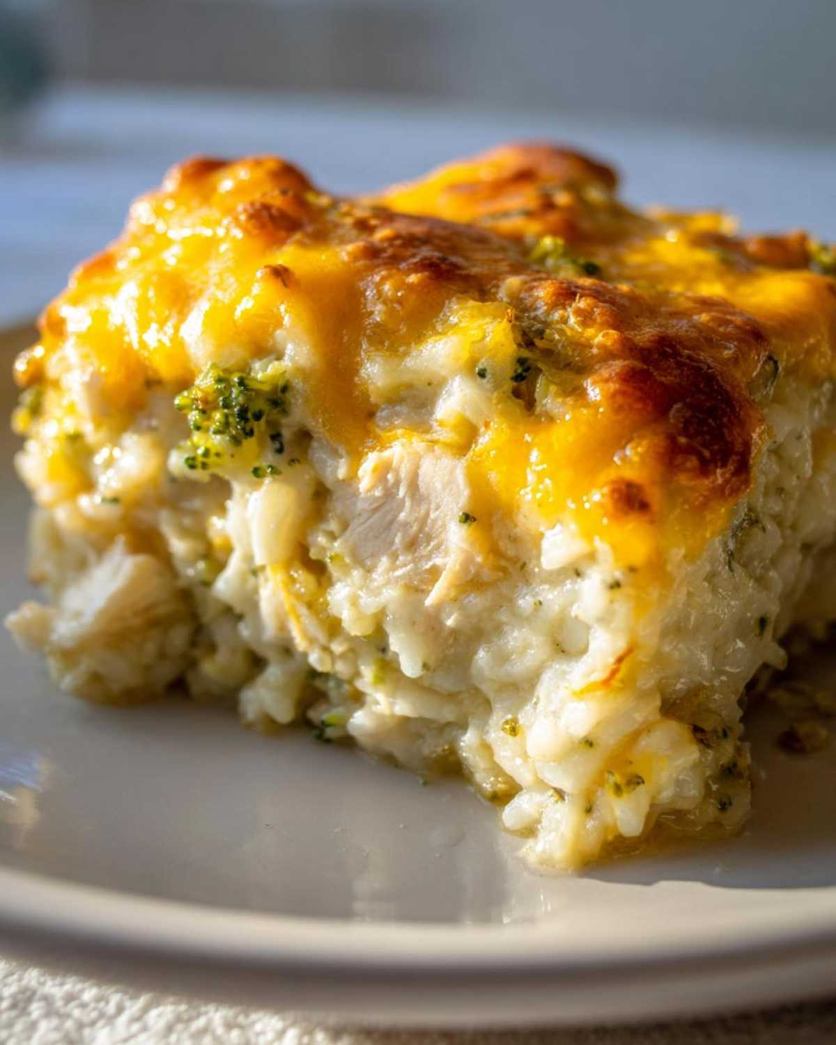 A close-up of a serving of cheesy chicken and rice casserole topped with melted, browned cheddar cheese and visible broccoli pieces.