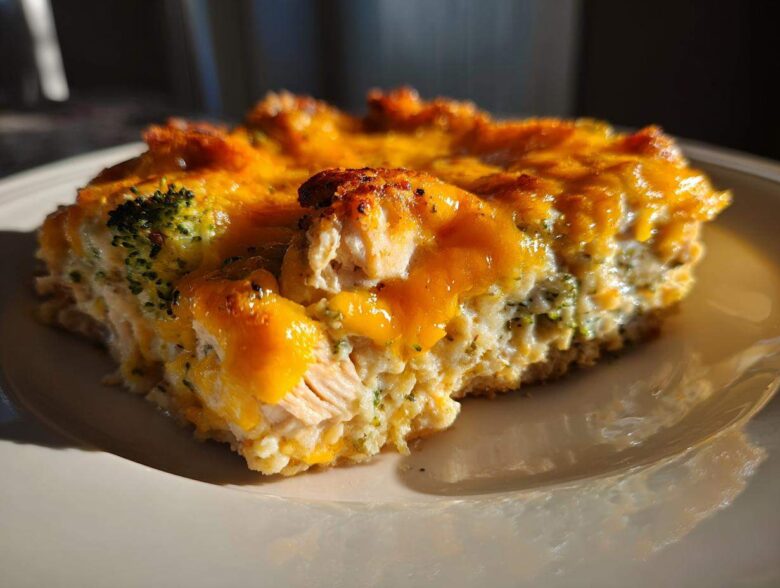 A close-up slice of cheesy chicken and rice casserole topped with melted, browned cheddar cheese and visible broccoli florets.