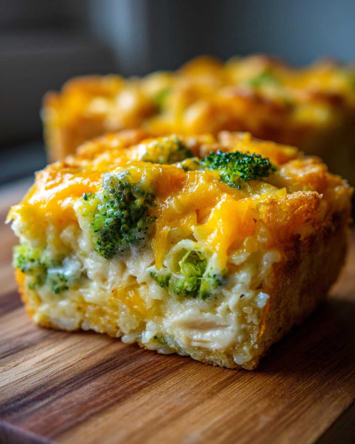Close-up of a square slice of creamy chicken broccoli rice casserole topped with melted cheddar cheese.