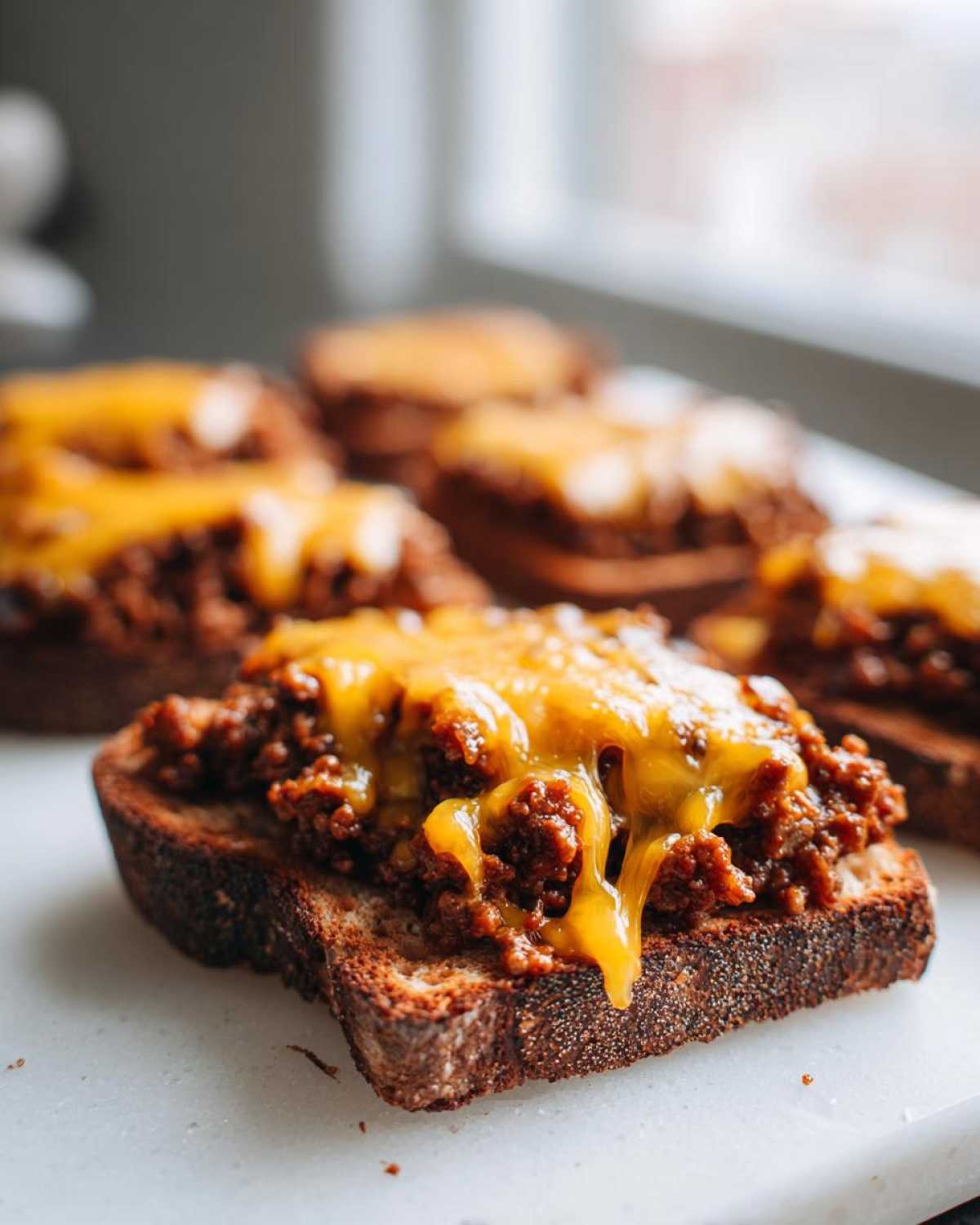 Close-up of a slice of toasted bread topped with savory meat mixture and melted cheddar cheese, representing the hanky panky recipe.