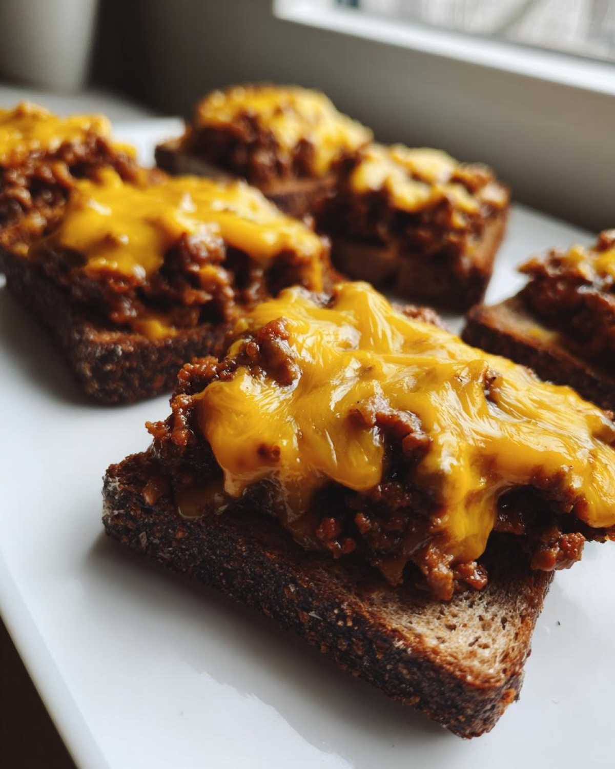 Close-up of open-faced sandwiches topped with savory meat mixture and melted cheddar cheese, representing the hanky panky recipe.