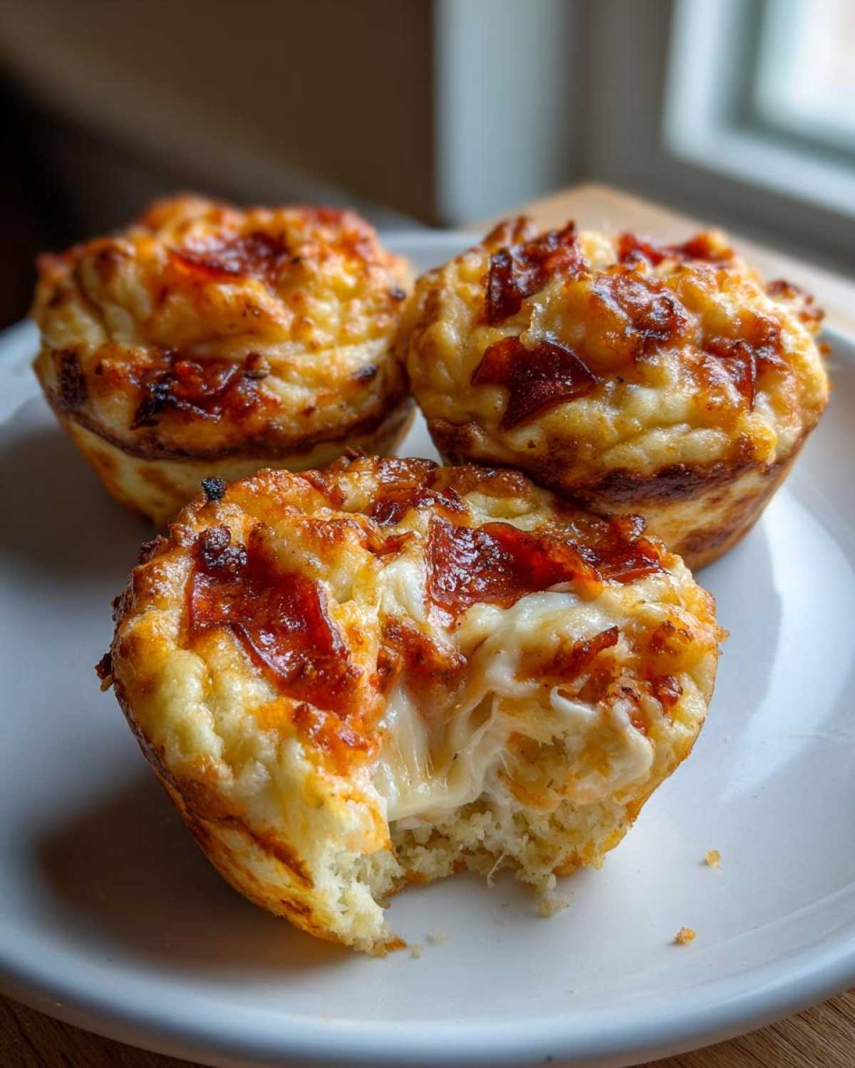 Three freshly baked pizza muffins on a white plate, one has a bite taken out showing a gooey cheese pull.