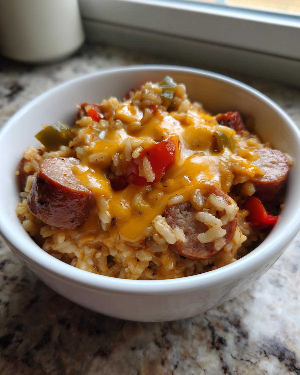 A close-up of cheesy sausage and rice mixed with peppers served in a white bowl.