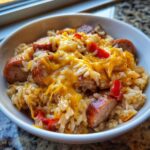 Close-up of a hearty bowl of cheesy sausage and rice mixed with red peppers.