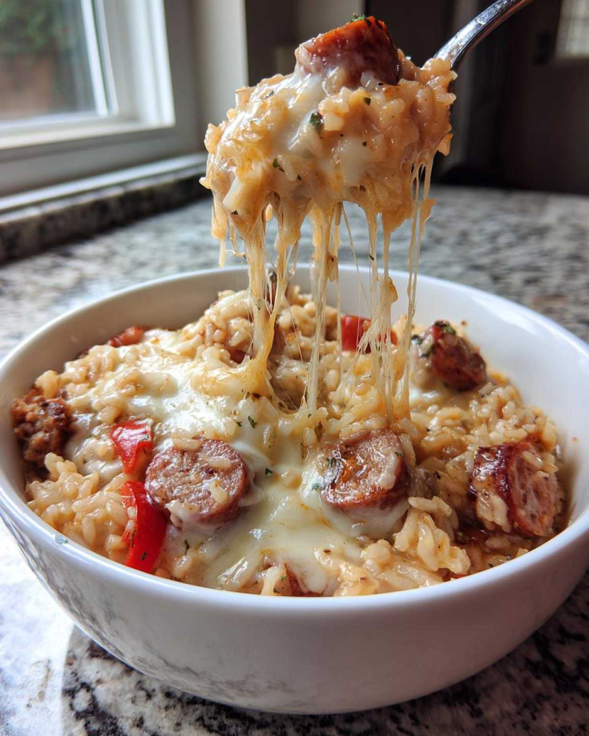 A spoonful of cheesy sausage and rice is lifted from a bowl, showing long, melted cheese strings.