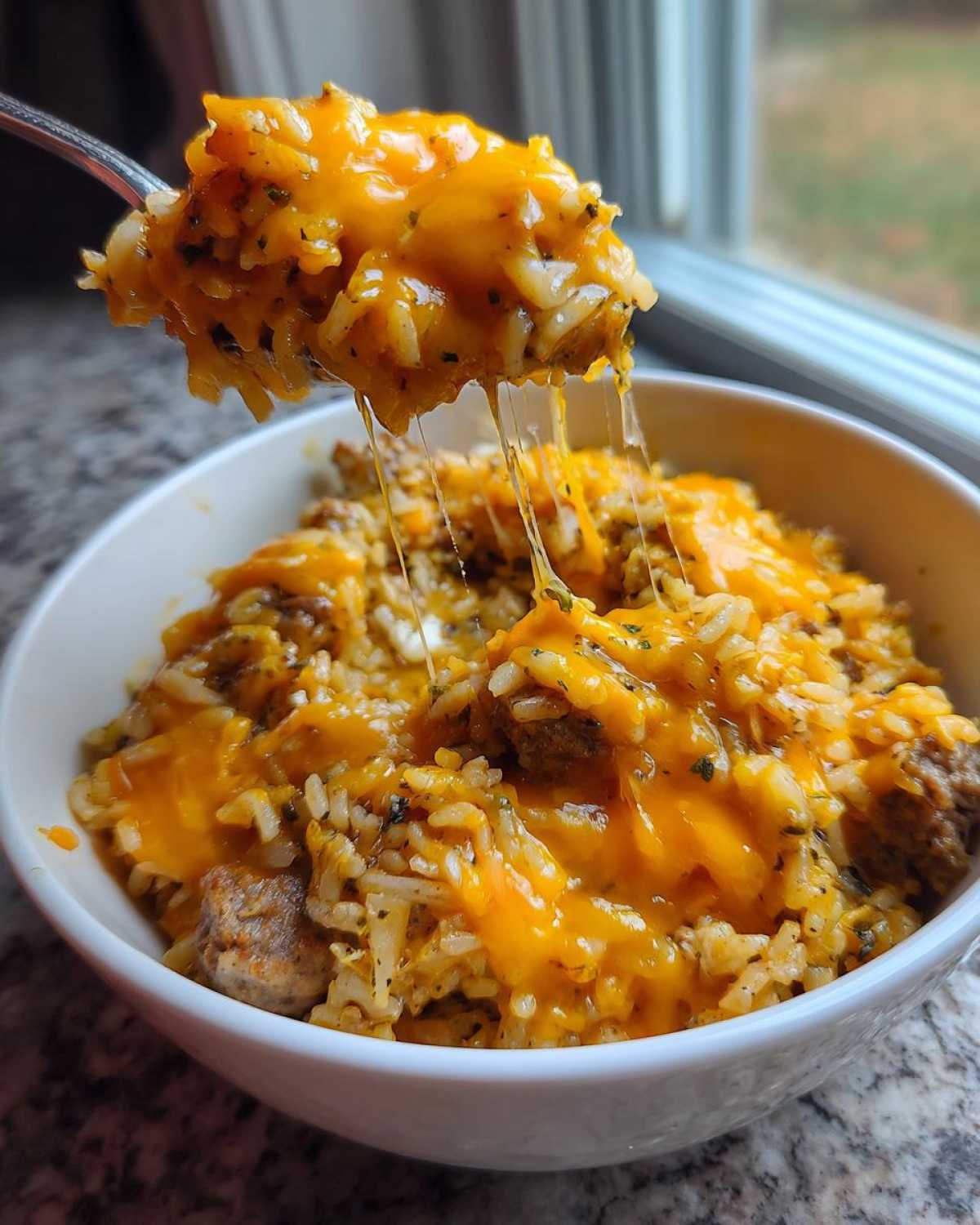 A spoonful of cheesy sausage and rice lifted from a white bowl, showing long, stretchy strands of melted cheddar cheese.