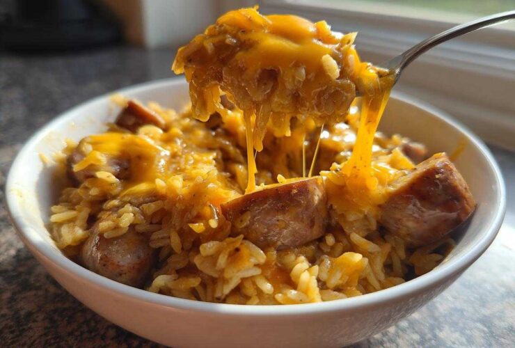 Fork lifting a cheesy portion of sausage and rice, showing melted cheese stretching from the bowl.