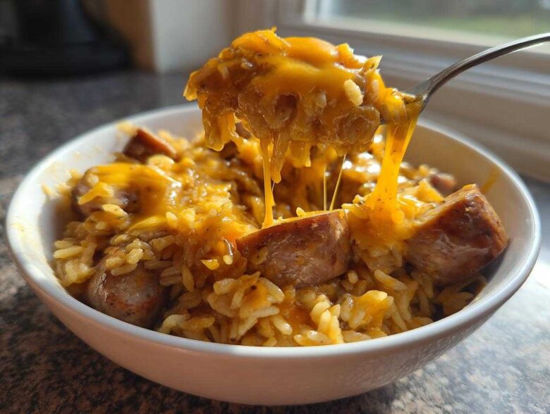 Fork lifting a cheesy portion of sausage and rice, showing melted cheese stretching from the bowl.
