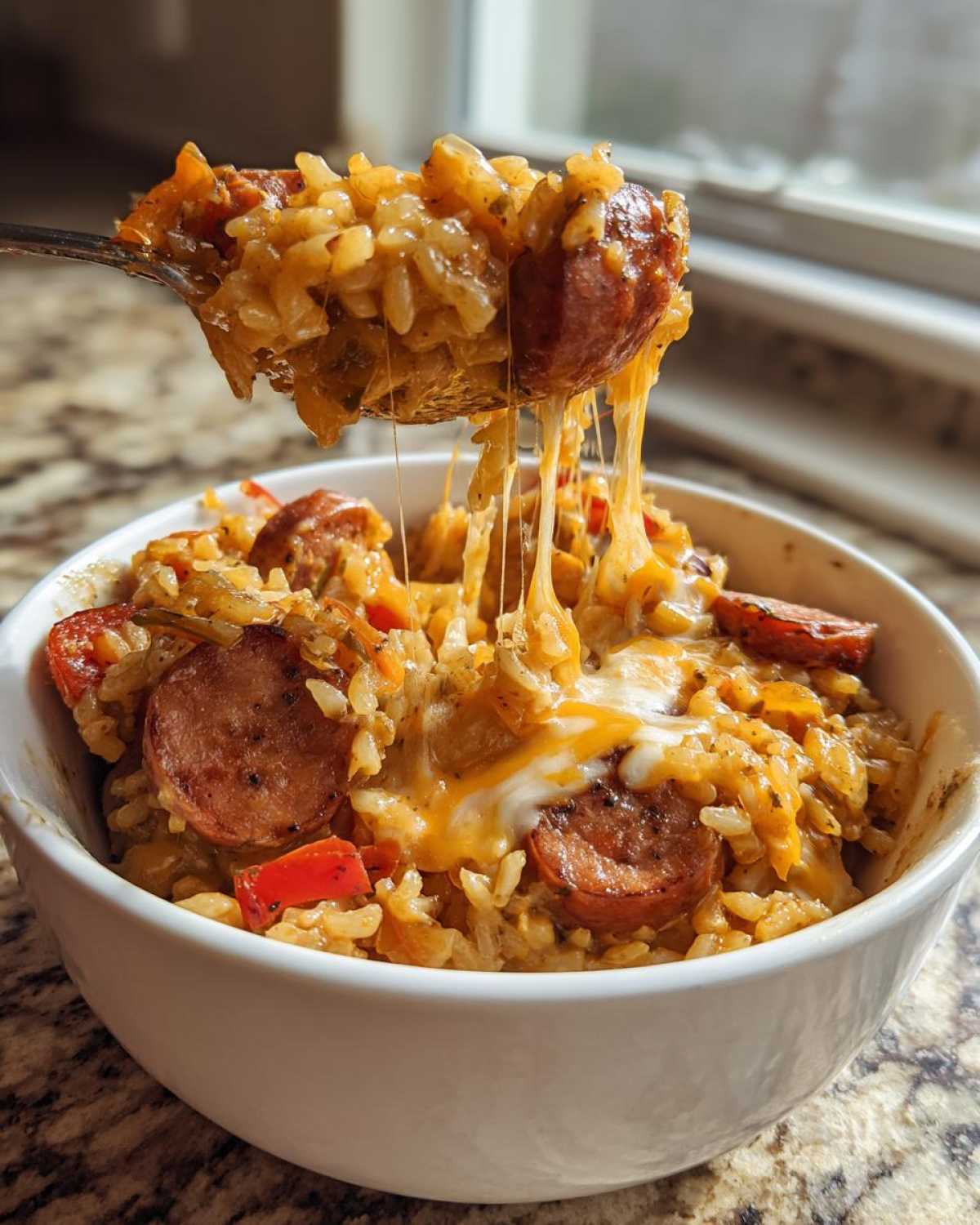 A spoonful of cheesy sausage and rice is lifted from a white bowl, showing long cheese pulls.
