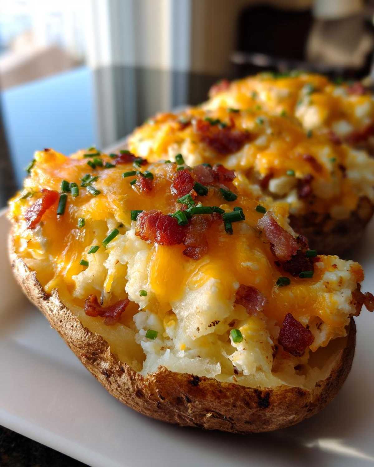 A close-up of a perfectly prepared twice baked potatoes, topped with melted cheddar cheese, bacon bits, and fresh chives.