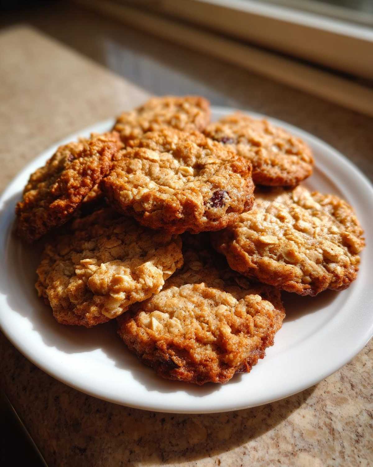A stack of freshly baked, chewy oatmeal cookie rounds piled on a white plate, catching warm sunlight.