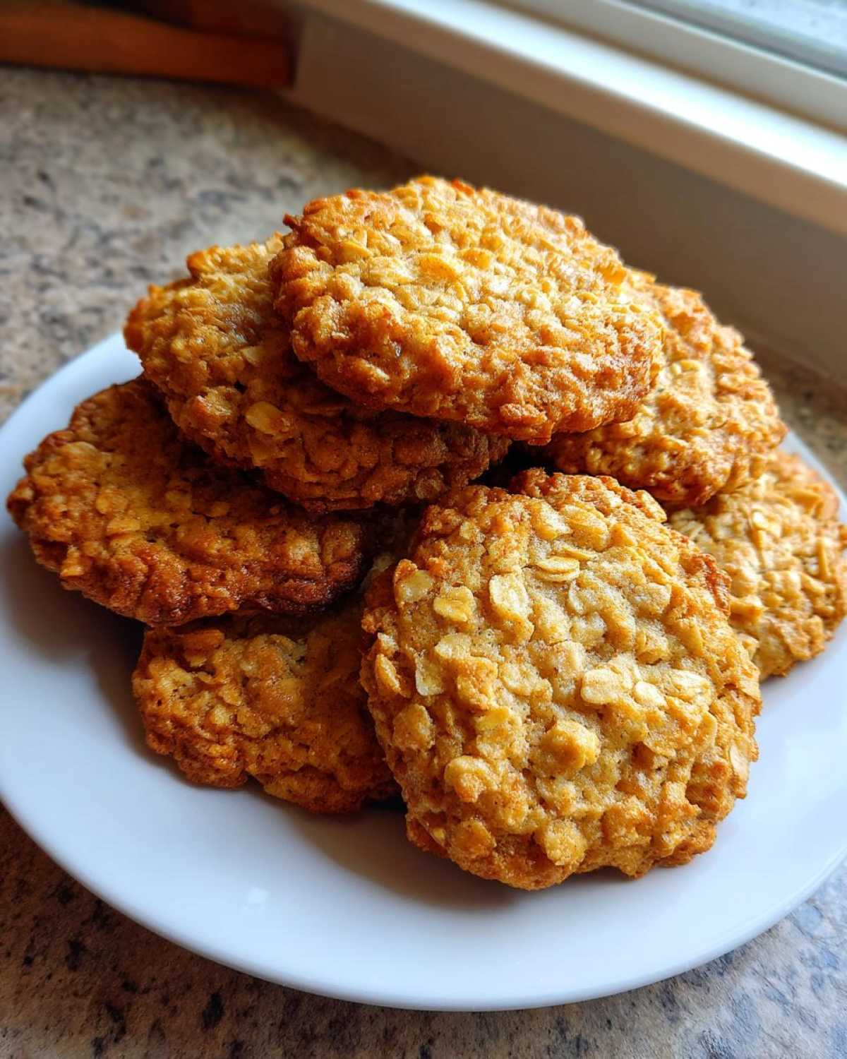 A stack of golden brown, chewy oatmeal cookie treats piled high on a white plate.