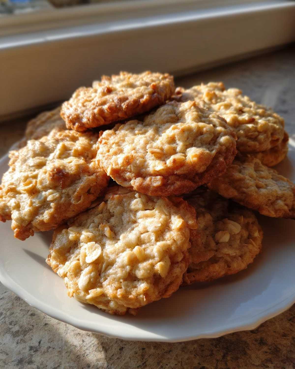 A stack of freshly baked, chewy oatmeal cookie piled high on a white plate, catching the sunlight.