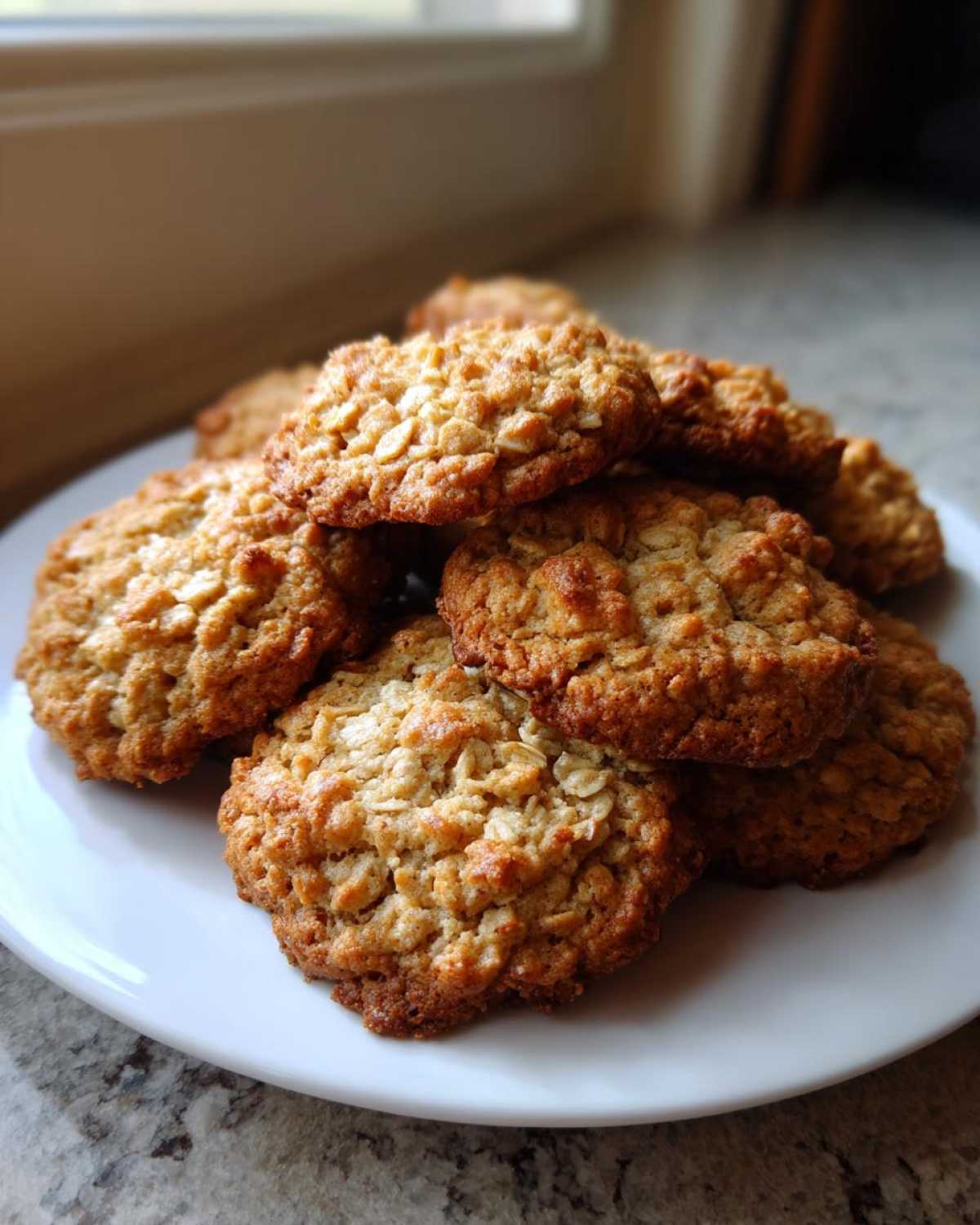 A stack of freshly baked, chewy oatmeal cookie piled high on a white plate near a window.